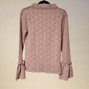 Boho 2000s Pink Floral Lace Bell Sleeve Stretch Top Small Medium Sheer Polyester